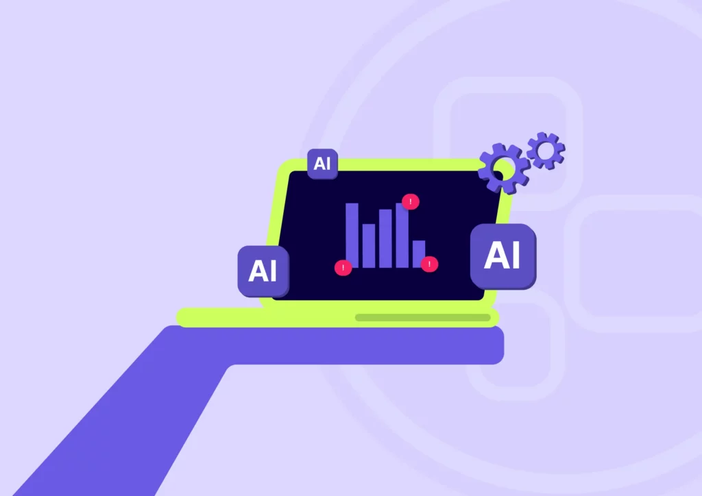 Illustration of an open laptop surrounded by bubbles representing AI hype. On the laptop screen a graph is displayed emphasizing the importance of getting basic data collection right over the AI hype.