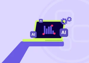 Illustration of an open laptop surrounded by bubbles representing AI hype. On the laptop screen a graph is displayed emphasizing the importance of getting basic data collection right over the AI hype.